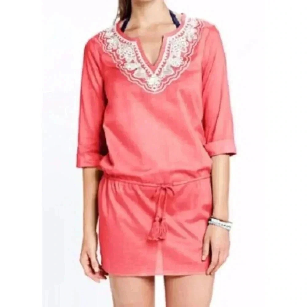 Lands’ End Orange Sherbet Cotton Embroidered Swimsuit Coverup Size M Medium